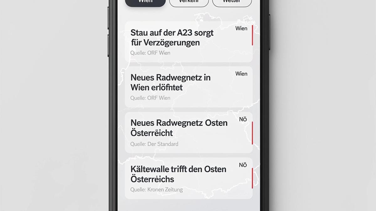 Smartphone-Ansicht einer News-App mit Österreich-Karte, Filtern und KI-Zusammenfassung