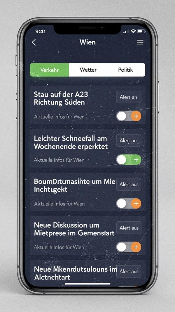 Smartphone-Screenshot einer österreichischen lokalen News-Übersicht mit Kategorien und Alert-Hinweisen